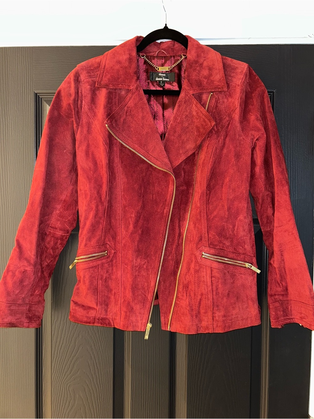 dennis basso Red Suede Zip Moto Jacket